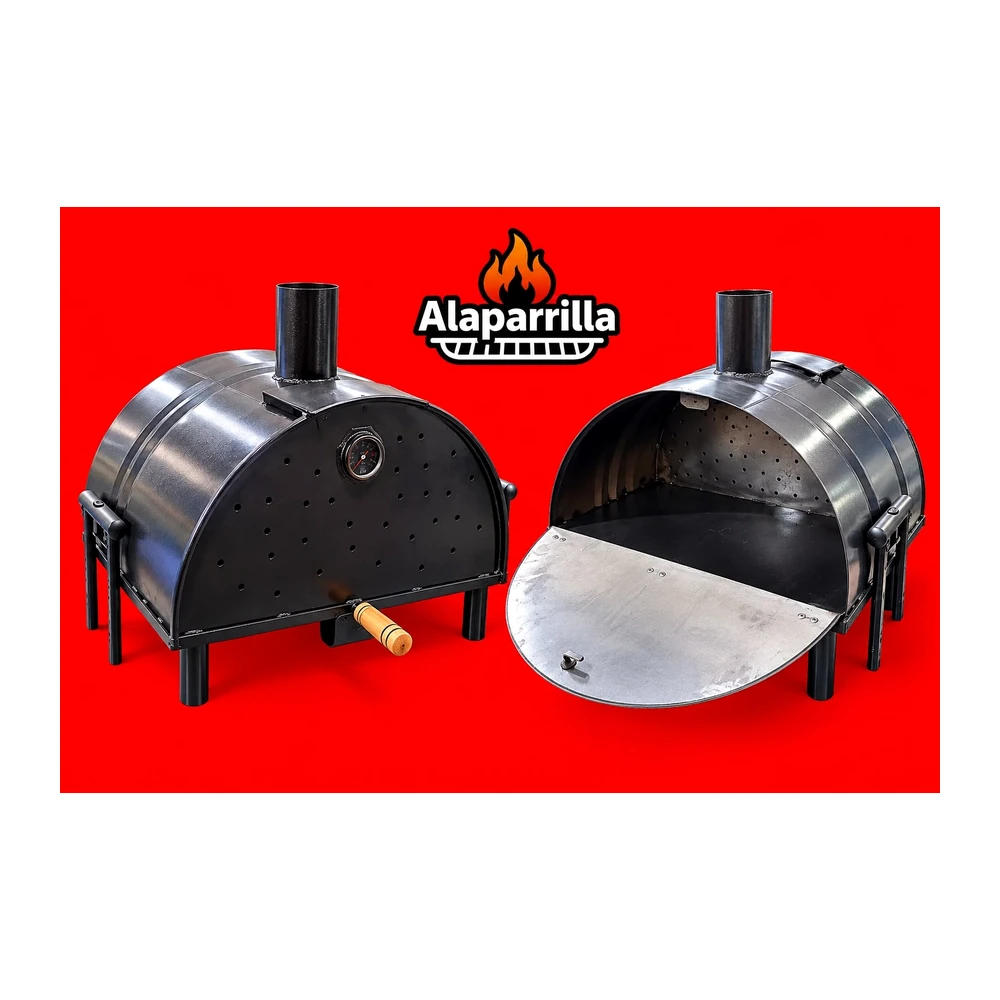 Horno parrillero metálico con chimenea y termómetro